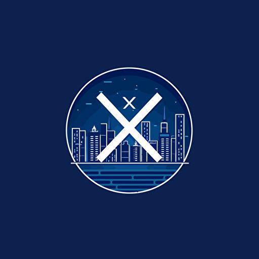clean, minimalist, navy blue X letter mark logo, commercial buildings in the background, vector emblem, smooth, navy blue, tech style