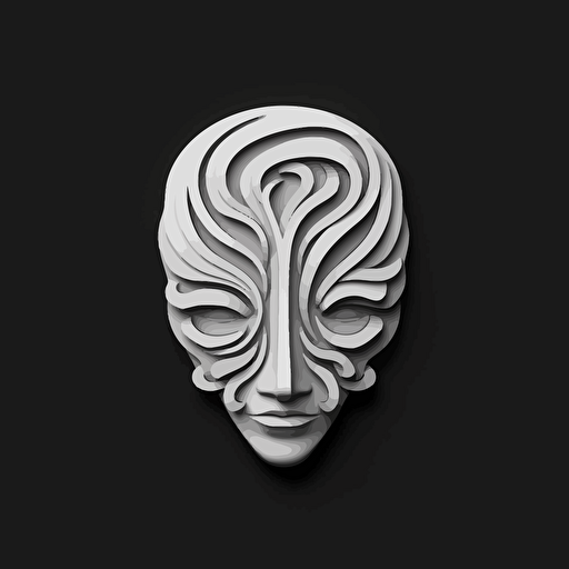 abstract iconic logo of a sculpted mind, white vector, on black backgroung