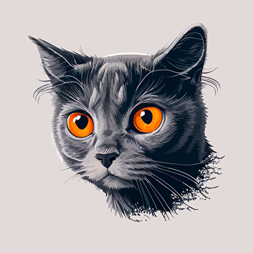 a cute grey colored cat with big orange eyes, carton vector sytle, clear background