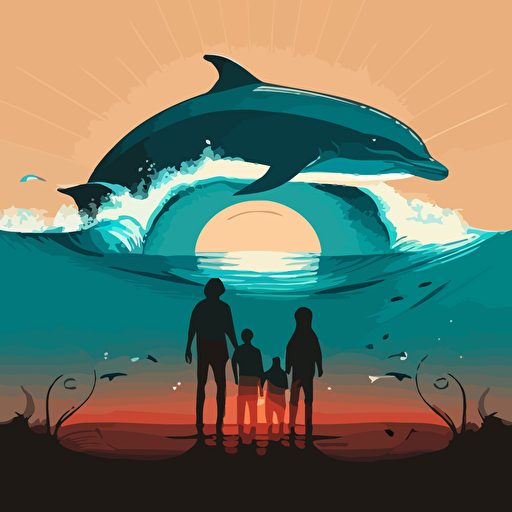 A family standing on a beach looking at a gentle ocean with dolphin surfing waves, sunrise, white, turquoise, vector style, beautiful