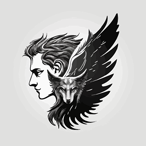 logo vector, grey wolf head, black outline, with angel aureole, minimalist