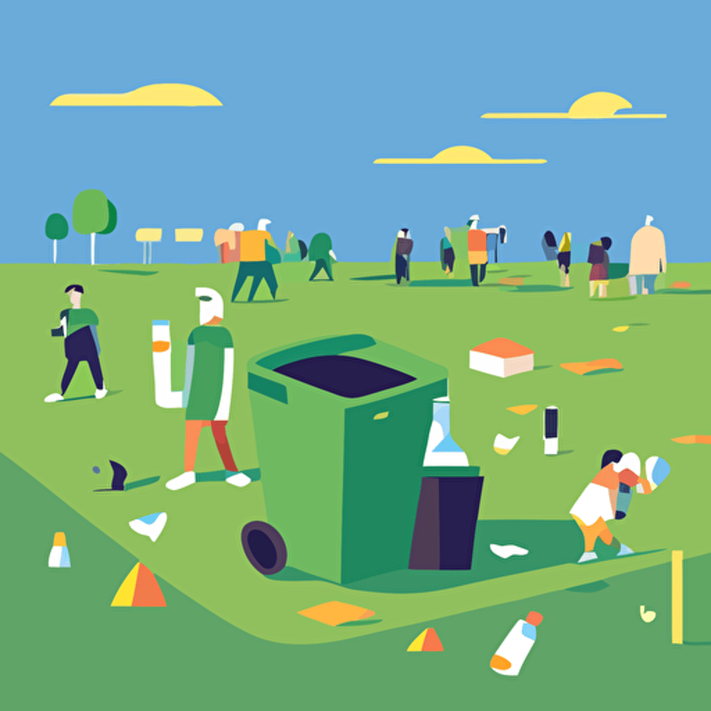 vector illustration of a social district, people drinking, people talking, a person throwing trash on the ground, a person throwing their trash in a receptacle, blue sky, green grass, yellow receptacle