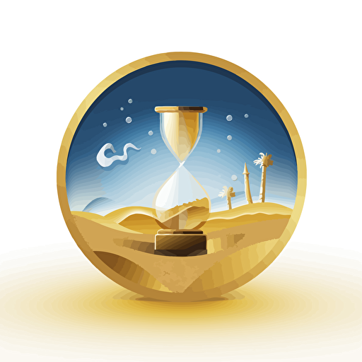 A sand timer, beach scene at the top inside, Sand sifting through, gold tokens at the bottom, vector style logo, blue sea colour, HD