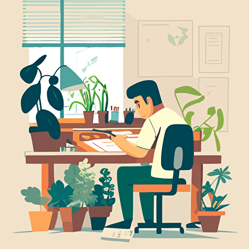 A man in casual dress attire sitting at a drawing table, writing a letter. Behind him are potted plants, and the room is an office. flat style illustration for business ideas, flat design vector, industrial, light color pallet using a limited color pallet, high resolution, engineering/ construction and design, colored cartoon style, light indigo and light gold, cad( computer aided design) , white background