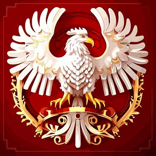 modern, detailed, vector symbol of white eagle with golden crown on red background