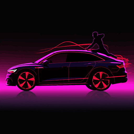 2023 audi a5 sportback and Rococo neon light,vector illustration, silhouette of a person extreme sports, dynamic posture