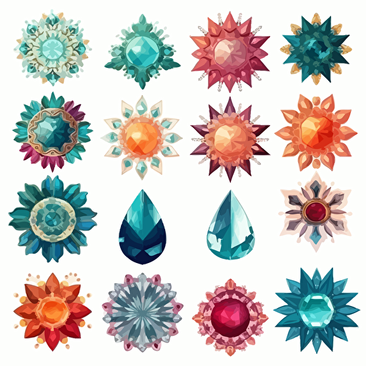 Collection of mythological cut jewels, hindu, translucent, shiny object, high detail, symmetrical, vector, cartoon, white background