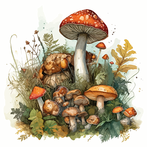 Vector illustration of Enchanted mushrooms, brunette, forest green, hunter green, orange red, tawny color, rustic colors, white background, watercolour masterpiece, extremely detailed