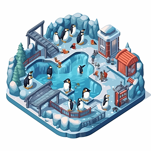 isometric cartoon vector style image of an icy zoo penguin enclosure