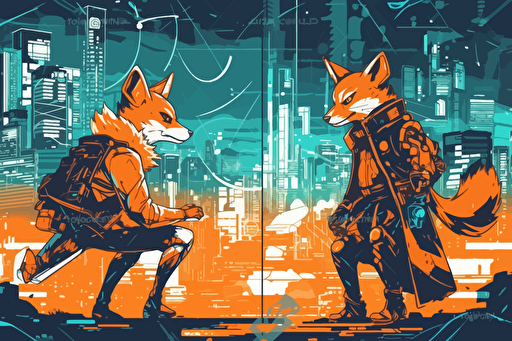 fight between shiba inu cyber punk and fox dark shiba inu outfit battle, city cyber punk, anime background, vector