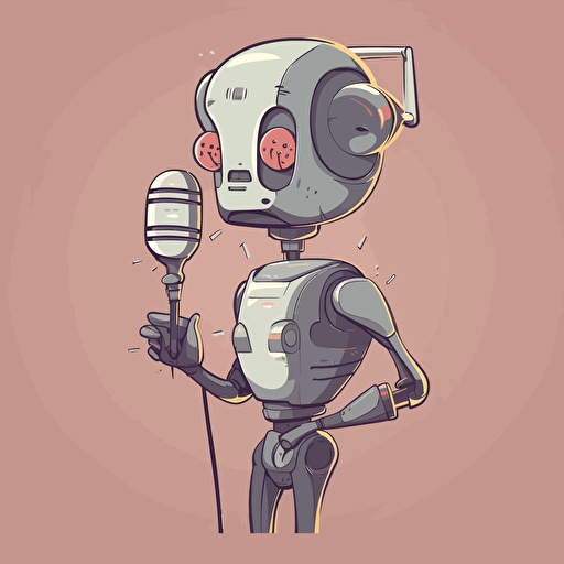 A half girl half robot speaking in front of a microphone, muted colors, 2d vector illustration with a grey background