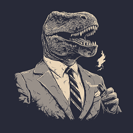 t-rex smoking a cigarette, wearing a business suit, vector art, 2d, grey tones