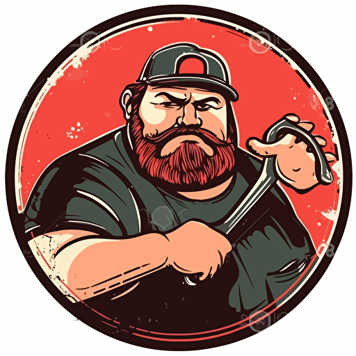 fat redneck car repairman, with grease on his face, holding a wrench, stadning in a car garage, red theme, vector art