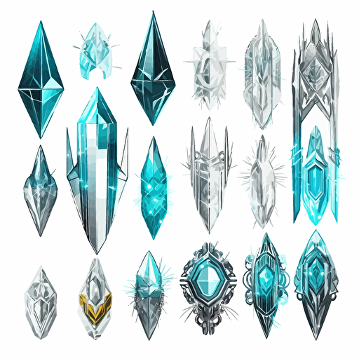 Collection of futuristic cut jewels, cyber punk, translucent, shiny object, high detail, symmetrical, vector, cartoon, white background