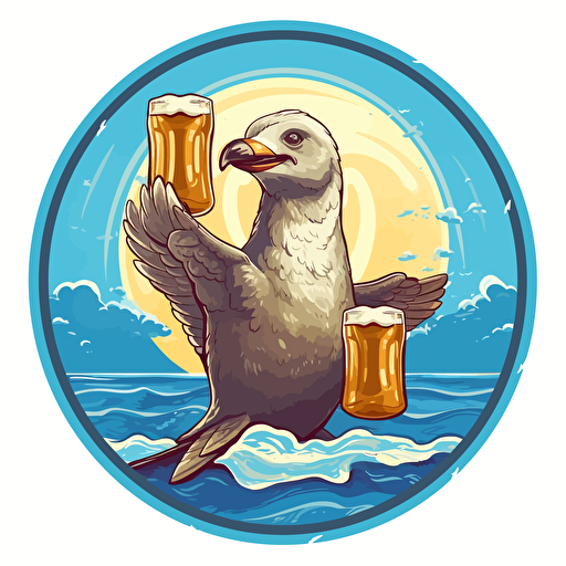 a seal in dungarees. He is a sailor. He looks happy and is holding a beer glass for a toast. Good weather clouds. Seagulls. 2D illustration vector based. Make this an emblem.