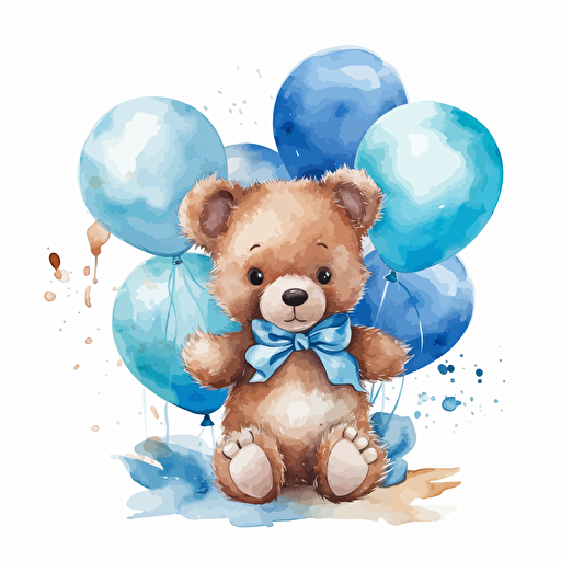 Cute teddybear wearing blue bow and holding blue balloons, watercolor, vector illustration