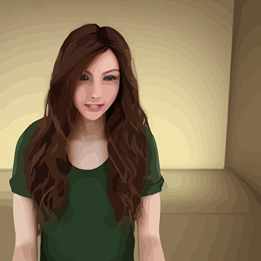 render april cute 3d young woman long shiny bronze brown hair round face green eyes medium skin tone light cute freckles light blush smiling softly wearing casual clothing interior lighting cozy living room background medium shot mid shot hyperdetailed hyperreal trending artstation unreal engine 8k