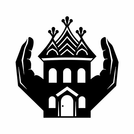 hands arranged in a way that resembles the shape of a house with a window and a crown on top, black on white, vector, icon, negative