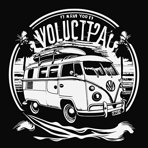 surfers, surfboards, santa cruz California, vw van, black and white, vector, logo