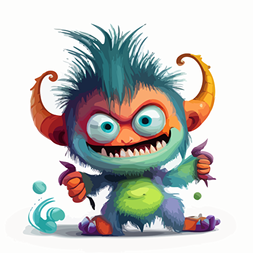 A saturated colorfull baby fur demon, goofy looking, smiling, white background, vector art , pixar style