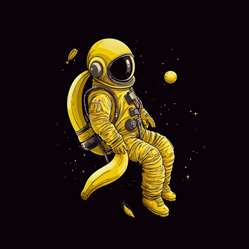 2d vector art, banana-shaped astronaut floating, yellow pallete, low saturation, digital art, black background