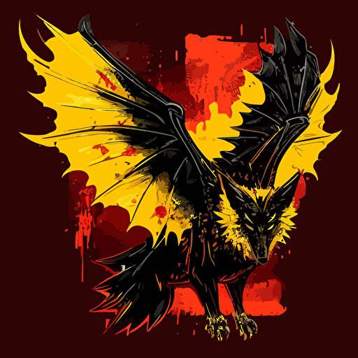 aggresive wolf vector very detailed, bat wings, red, yellow, black