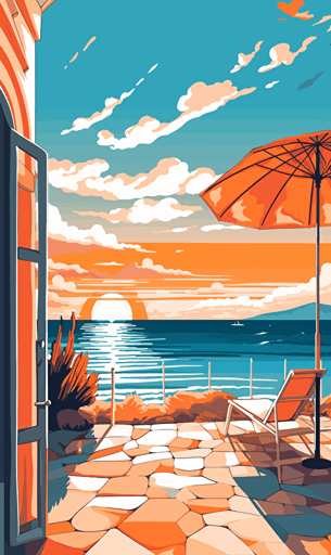beach with greek element, sky, orange and blue, vector art style,