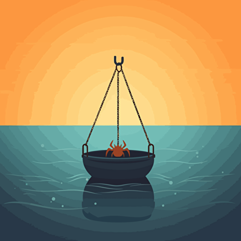 a crab pot on the bottom of the ocean with rope going up to surface with a single float floating on the surface, minimalist design, vector