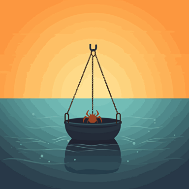 a crab pot on the bottom of the ocean with rope going up to surface with a single float floating on the surface, minimalist design, vector