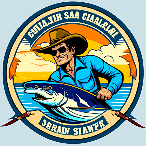 Logo retro design for an offshore fishing and boating charter company called "Saltwater Cowboy Charters" that features a panoramic battle with a superman comic book style cowboy smilling wearing sunglasses, holding a fishing pole, riding on top of a cartoon style blue marlin, flat, vector, 2D