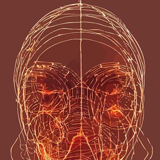 organic cyborg head wrapped barb wire pixar centered symmetrical cinematic lighting gold red bilateral symmetry 80s poster polished thick smoke retro dark vintage sci fi 2d matte illustration