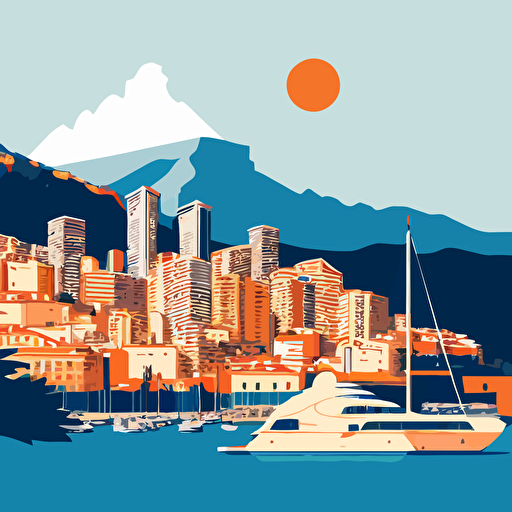 Simple vector drawing of the Monaco skyline, uncluttered, using only blue and orange colours. There are yachts in the harbour and several tall skyscrapers. There is a hill in the background and a blue sky.