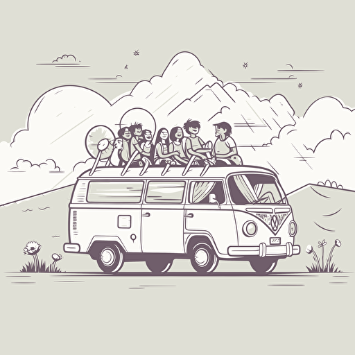 simple line illustration of a family travelling in a campervan, vector art style
