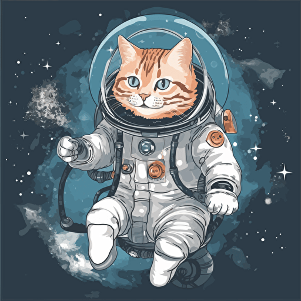 a cat in an astronaut suit in outer space riding a rocket. vector style. transparent background