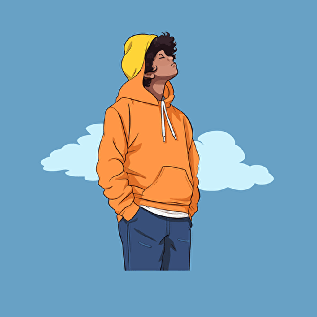 student wearing hoodie looking up by tim lahan, flat colors, three quarter pose, 2d vector art