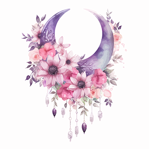 crecent moon with flowers and dangling crystals pinks purples white background vector