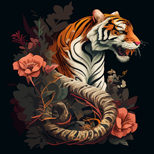 a tiger with a snake digital art with a hibisucous vectorial style