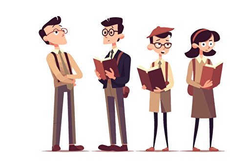 Flat design vector style, a cartoon ENGLISH TEACHER AND A BOY AND A GIRL STUDENTS, fullbody, white background