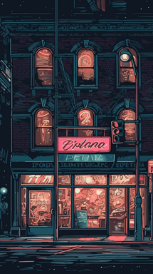a pizzeria diner in the city street at night illustration, night lights, :: pizza restaurant, 70s comic book cover, vector, black background, highly detailed,