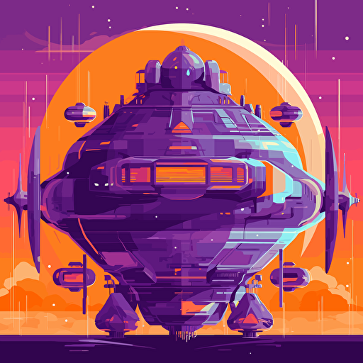 massive spaceship preparing for a warp, planets, 2D, vector, flat art, fedex purple and orange