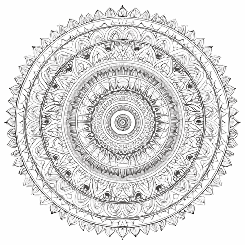 black and white line-art, colouring book, mandala of geometric patterns, vector-art, intricate detail
