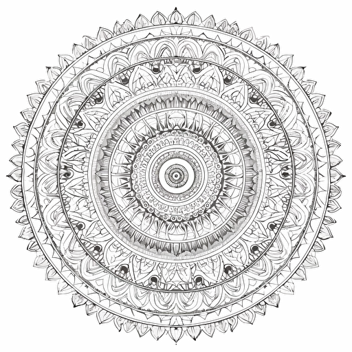 black and white line-art, colouring book, mandala of geometric patterns, vector-art, intricate detail