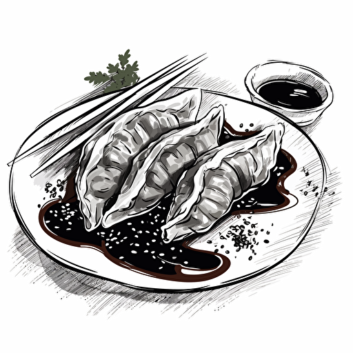 gyoza dish, black and white, vector art, white background