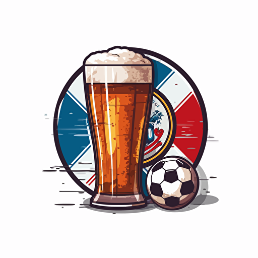 soccer logo club with soccer ball and glass of beer, red and blue stripes, modern, white background, vector.