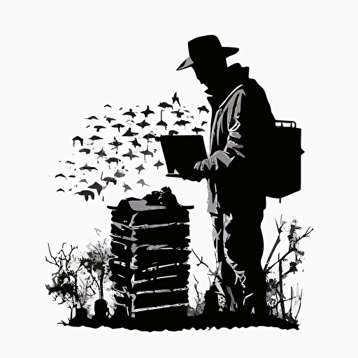 beekeeper taking care of his hives, silhouette, vector-like, 4:3, hd black on white backround