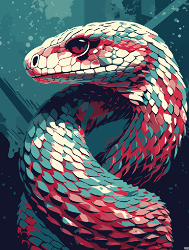 vector art of a diamondback rattlesnake, red, white and turquoise lighting, 300 dpi,