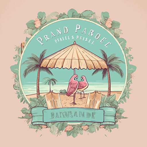 A charming logo for the paradise island catering to the affluent, inspired by Wes Anderson's signature style, incorporating pastel colors, a stylized beach scene with elegant umbrellas and beach chairs, and a touch of whimsy, Illustration, digital vector art to create a clean and memorable design,