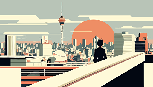 a tokyo style rooftop, manga comic style, simple vector illustration, flat design, simple white background