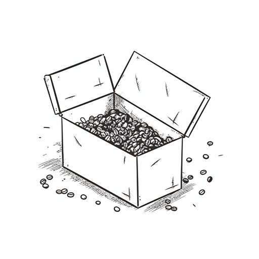 Open box with coffee beans piled and spilling out the top and sides, white background, line drawing illustration, vector, simple, minimalist