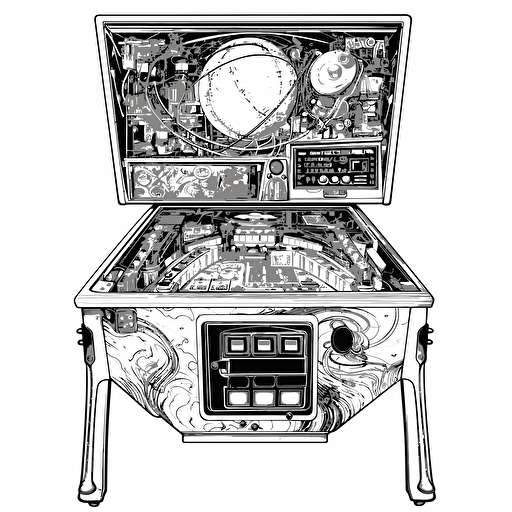 1980ies pinball machine, front view, vector art, detailed, black on white background, in the illustration style of jim phillips,